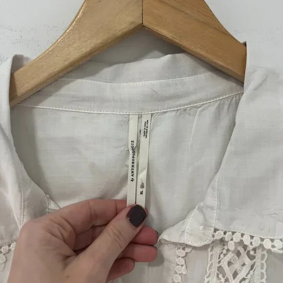By Anthropologie Cream White Eyelet Cutout Button Up Top Size XL - Picture 3 of 7